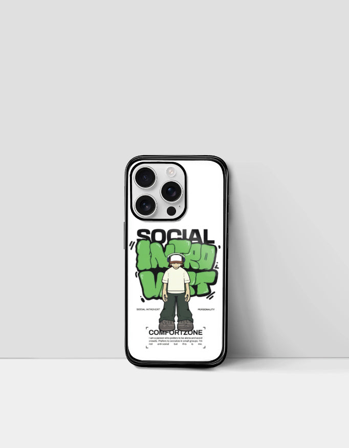 Social introvert iPhone cover with anime-style character and green graffiti text on white background