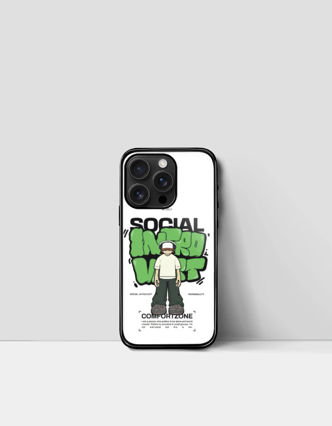 Social introvert iPhone cover with cartoon character and green graffiti text from AnimeVerseStore