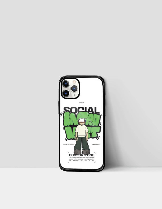 Social introvert iPhone cover with anime character design and green text from AnimeVerseStore