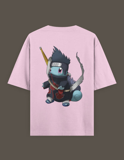 Squirtle Akatsuki t-shirt featuring a cute Squirtle in an Akatsuki outfit on a pink background