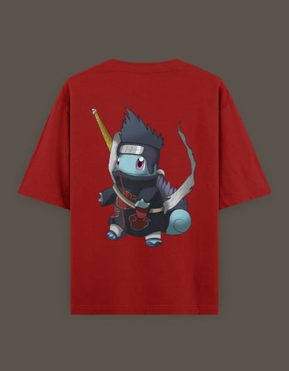 Squirtle Akatsuki t-shirt featuring Squirtle dressed as an Akatsuki member on a red background