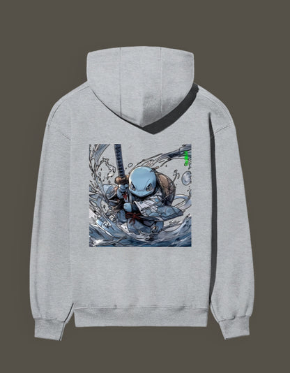 Squirtle Hashira Hoodie in Gray featuring a vibrant anime design of Squirtle wielding a sword