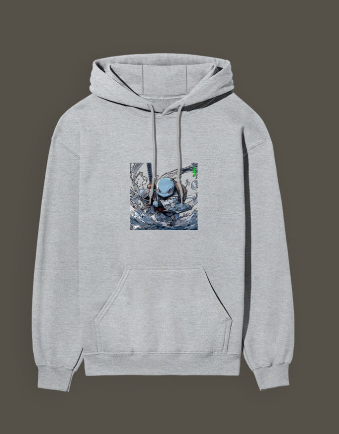 Squirtle Hashira Hoodie in Grey with Artwork of Squirtle Surrounded by Water
