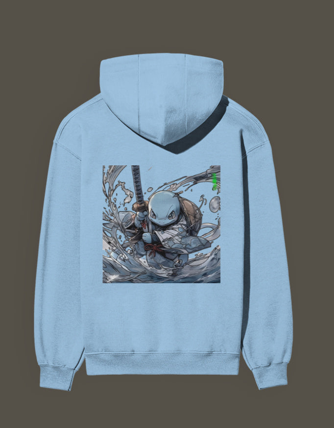 Squirtle Hashira hoodie in light blue featuring a dynamic water design on the back