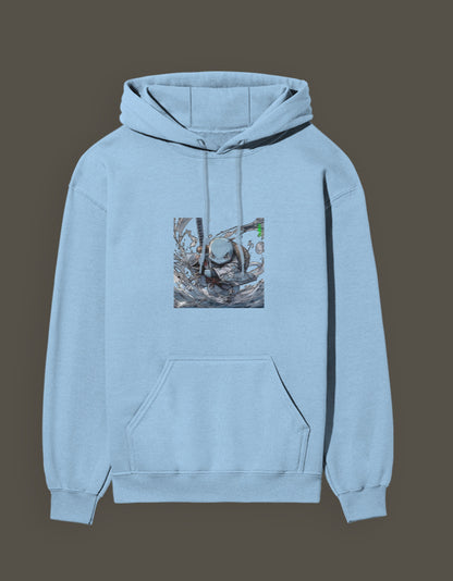 Squirtle Hashira Hoodie in light blue featuring a vibrant graphic design on the front