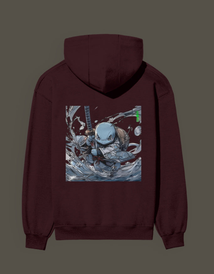 Squirtle Hashira hoodie in maroon featuring a vibrant design of Squirtle wielding a sword
