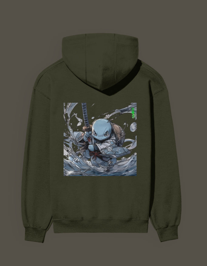 Squirtle Hashira Hoodie featuring a vibrant design of a water-themed warrior in action