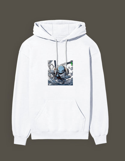 White Squirtle Hashira Hoodie featuring a unique graphic design on the front