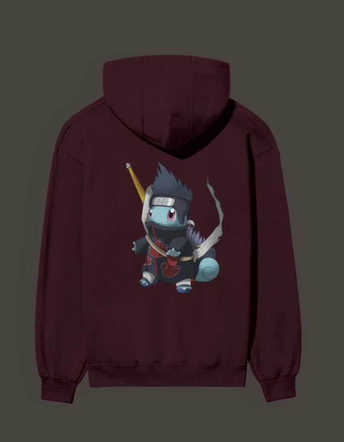 Squirtle x Kisame anime hoodie featuring a cartoon character with a guitar on a maroon background