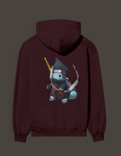 Squirtle x Kisame anime hoodie featuring a cartoon character with a guitar on a maroon background