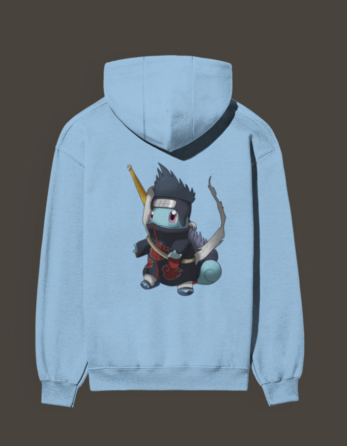 Squirtle x Kisame anime hoodie in light blue featuring a unique graphic design on the back