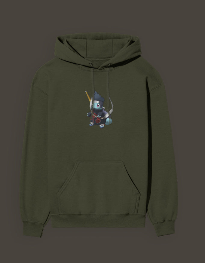 Squirtle x Kisame anime hoodie in olive green featuring a graphic print design