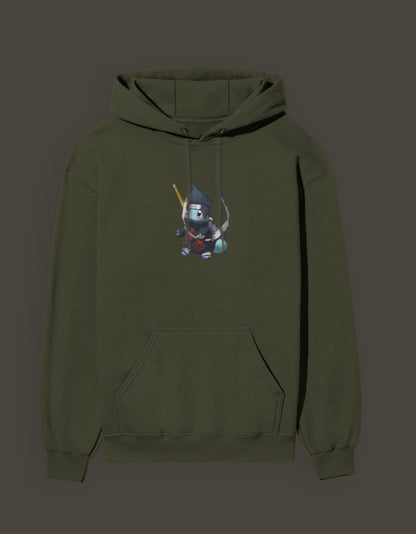 Squirtle x Kisame anime hoodie in olive green featuring a graphic print design