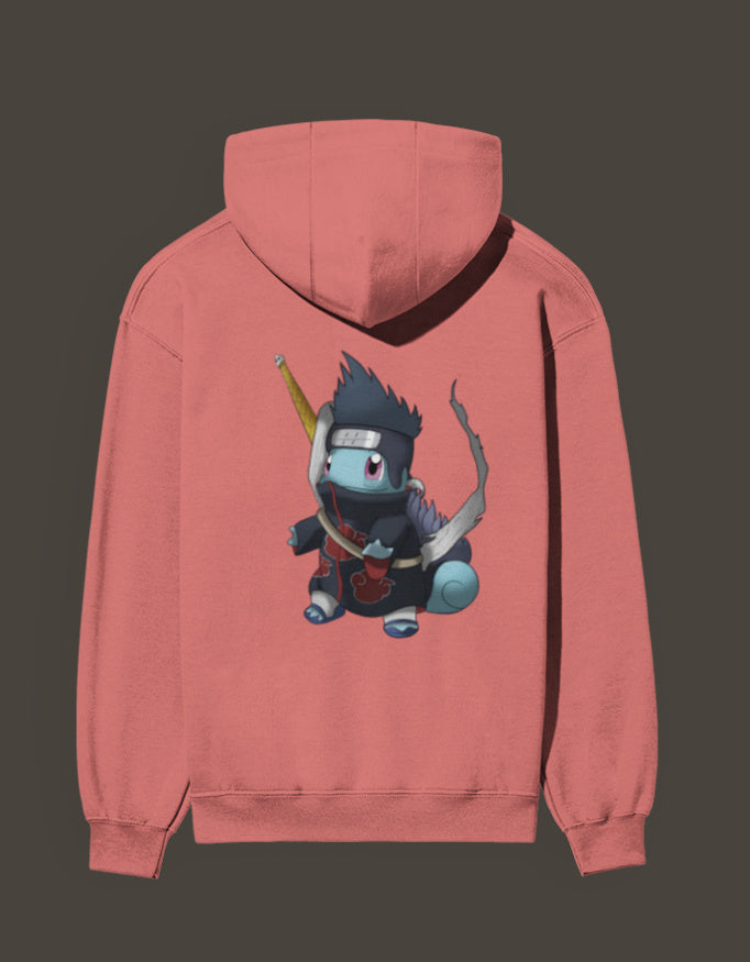 Squirtle x Kisame anime hoodie in coral with unique character design on the back