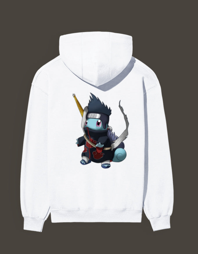 White hoodie featuring Squirtle x Kisame anime design with vibrant colors for anime fans