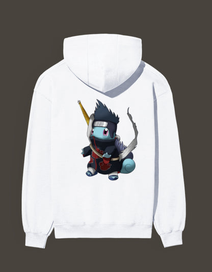 White hoodie featuring Squirtle x Kisame anime design with vibrant colors for anime fans