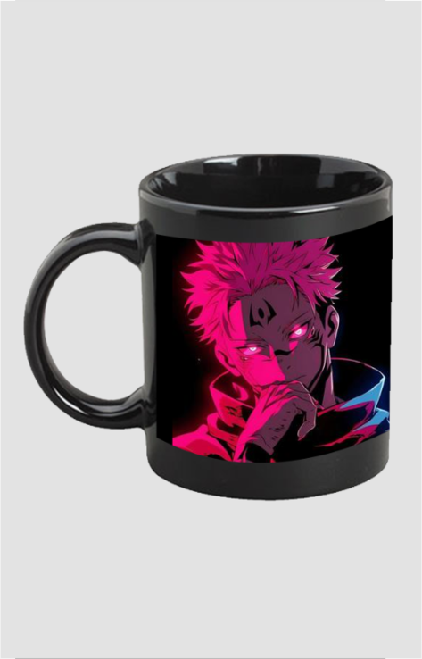 Black Sukuna anime coffee mug featuring vibrant pink and blue illustration of Sukuna character