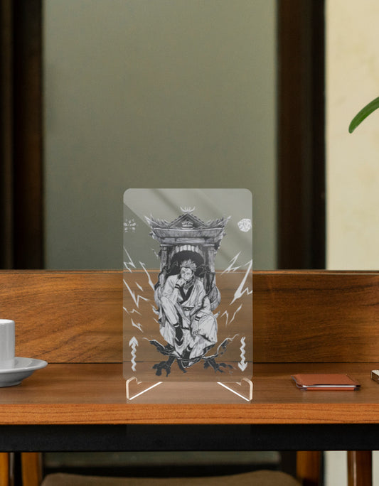 Sukuna anime collectible relic featuring detailed artwork on a transparent display stand