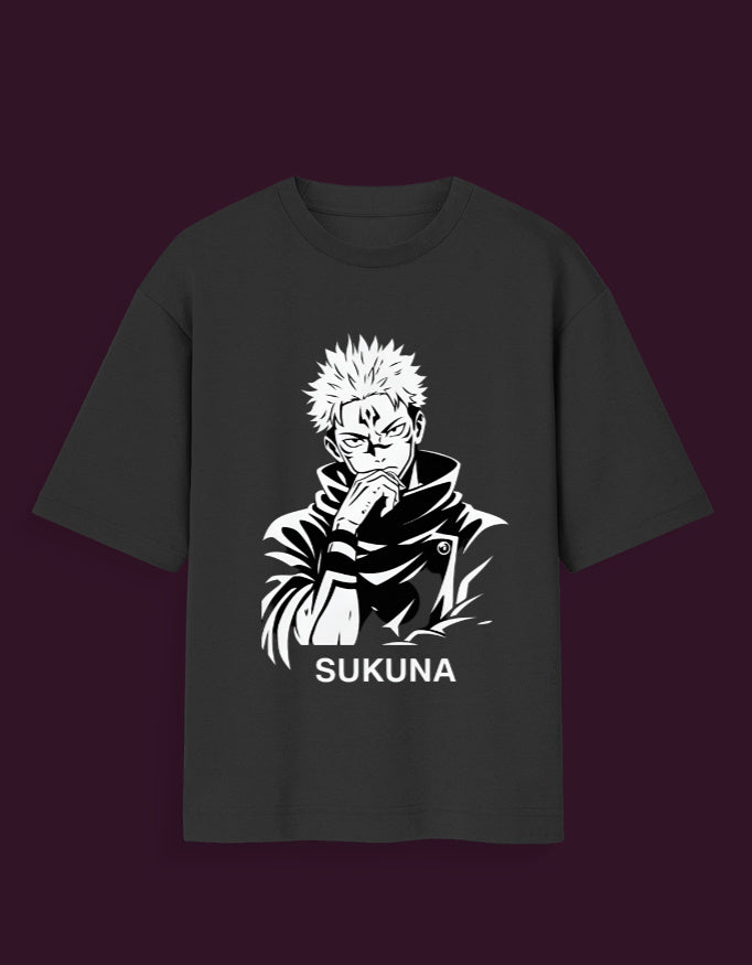 Black sukuna glow in the dark t-shirt featuring anime character Sukuna in white graphic design
