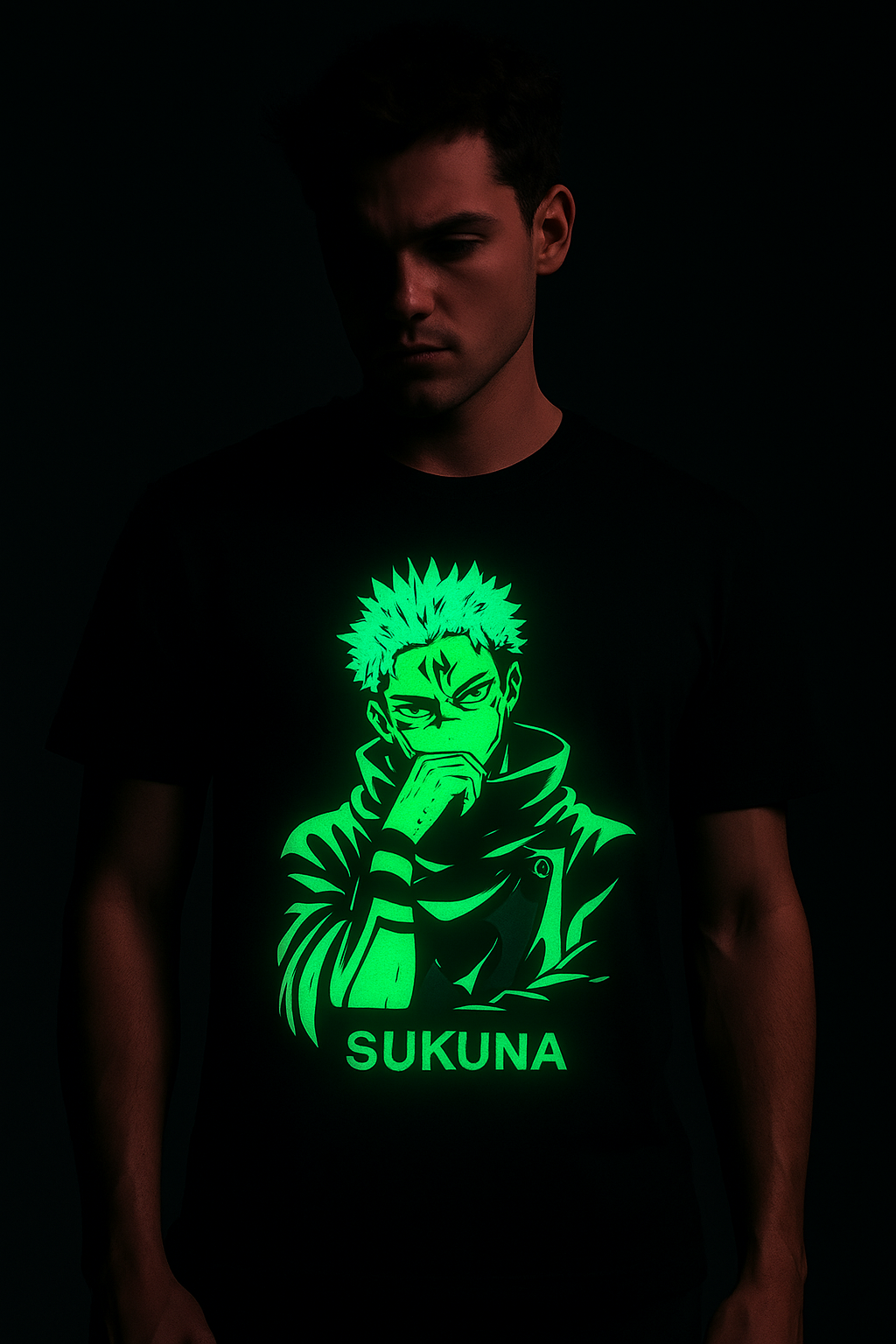 AnimeVerseStore sukuna glow in the dark t-shirt with bright green anime character graphic on black fabric