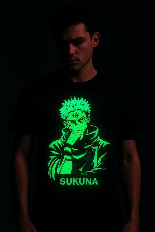 AnimeVerseStore sukuna glow in the dark t-shirt with bright green anime character graphic on black fabric