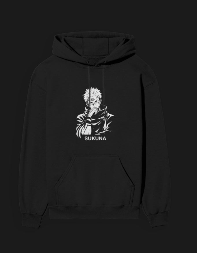 Black hoodie featuring Sukuna design for fans of anime and streetwear style