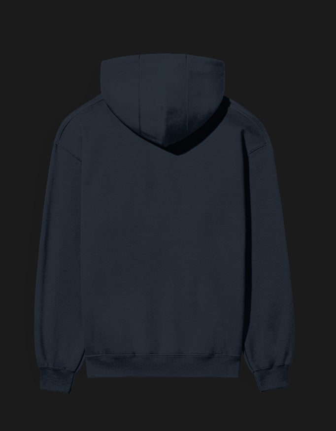 Back view of a dark navy Sukuna hoodie made from soft, comfortable fabric
