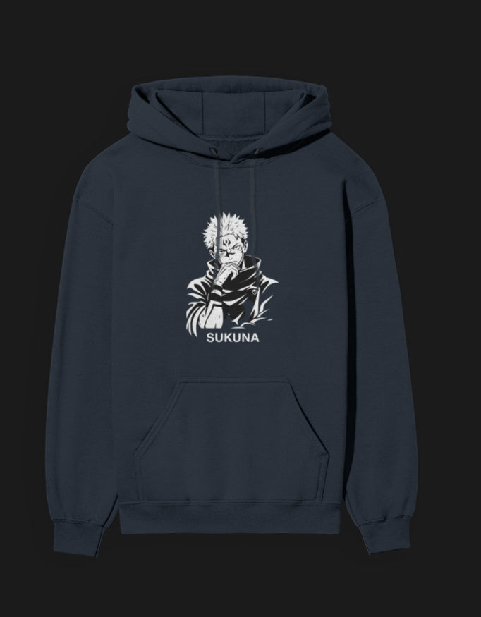 Sukuna hoodie featuring a bold graphic of Sukuna from anime on a navy blue background