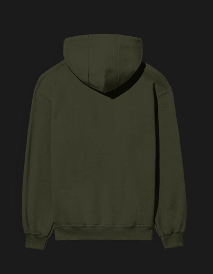 Back view of an olive green Sukuna hoodie with a classic hooded design and ribbed cuffs