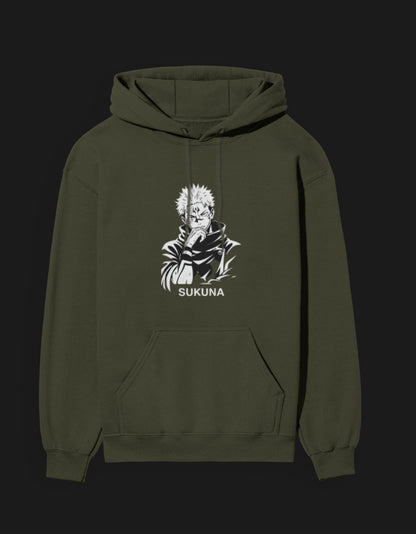 Olive green Sukuna hoodie featuring an iconic character design from anime series