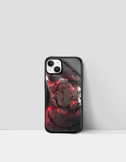 Sukuna iPhone case with dark red and black anime design featuring intense character artwork