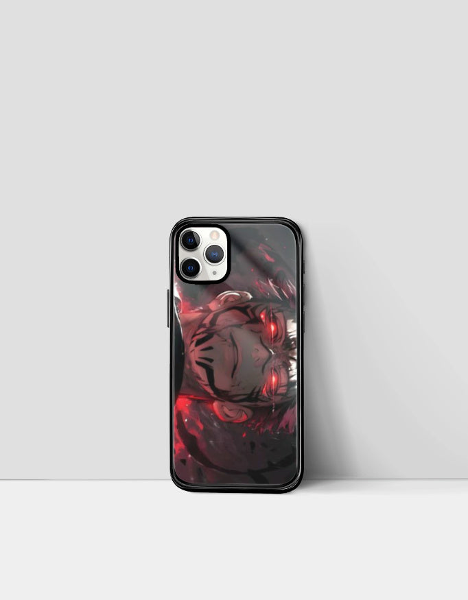 Sukuna iPhone case with red glowing eyes and dark artistic design from AnimeVerseStore