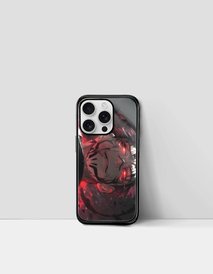 Sukuna iPhone case featuring a dark red and black anime design with glowing eyes on a sleek black phone cover