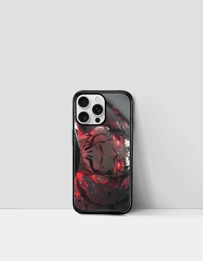 Sukuna iPhone case featuring a dark and intense anime design with red glowing eyes on black background