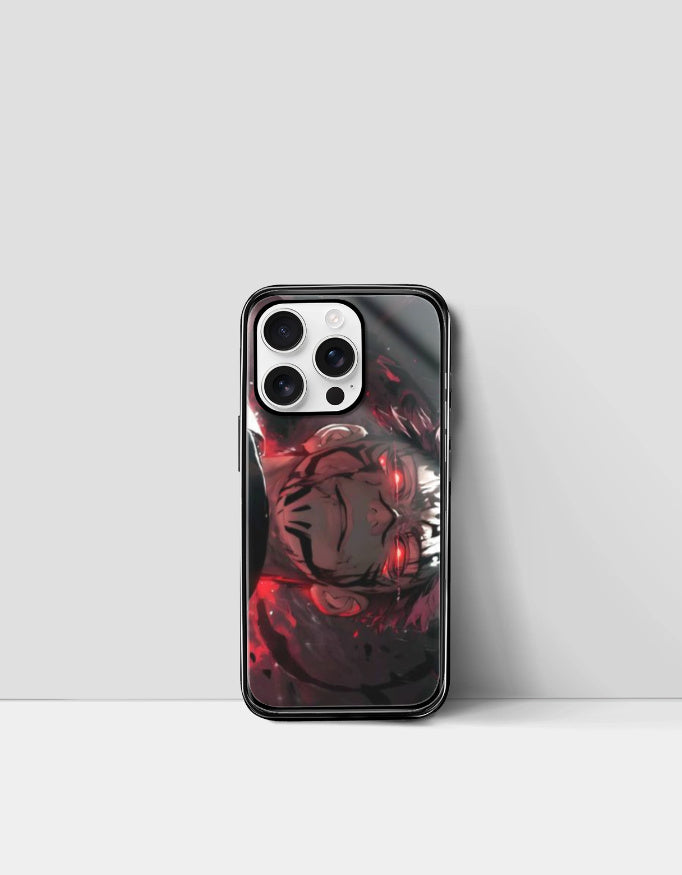 Sukuna iPhone case featuring dark red and black anime design with fierce character illustration