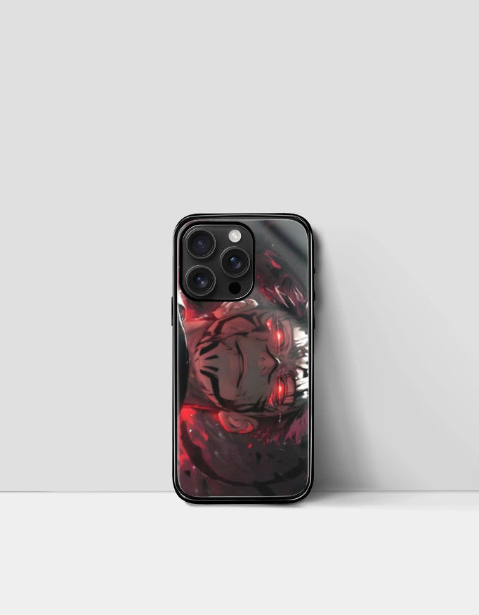 Sukuna iPhone case featuring a dark red and black anime design with glowing eyes