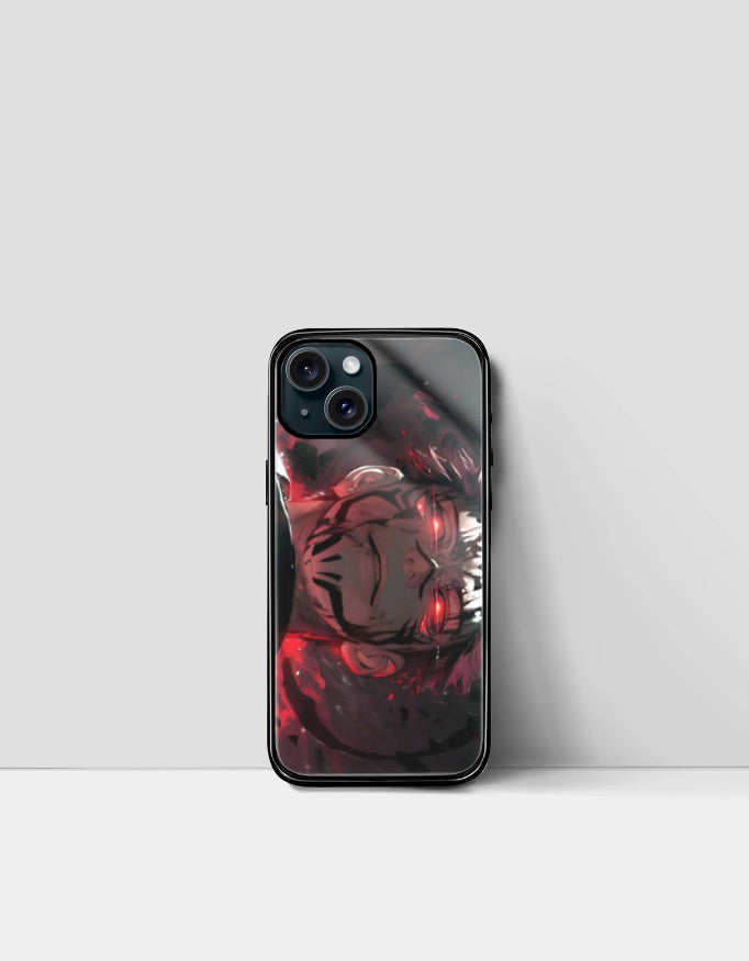 Sukuna iPhone case featuring a dark red and black anime design with intense character artwork