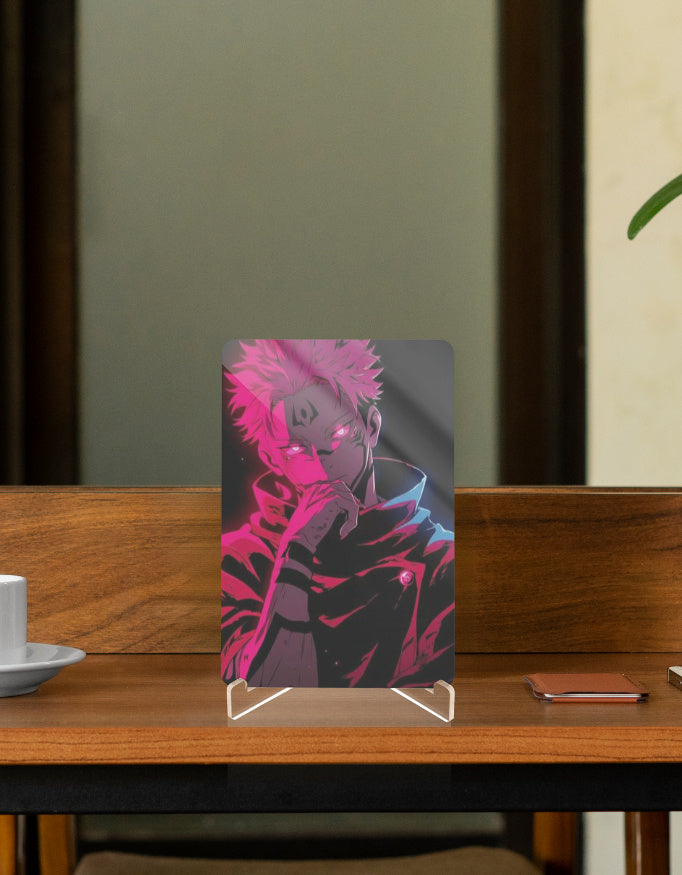Sukuna relic anime merchandise featuring striking art of Sukuna on a display stand