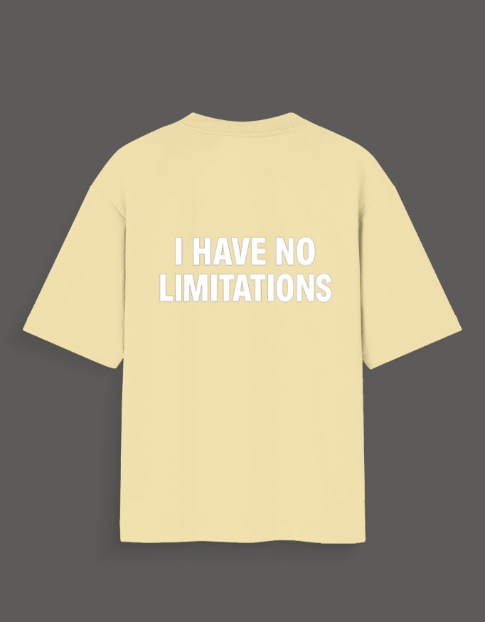 Beige Thomas Shelby graphic tee with bold white text reading I Have No Limitations on the back