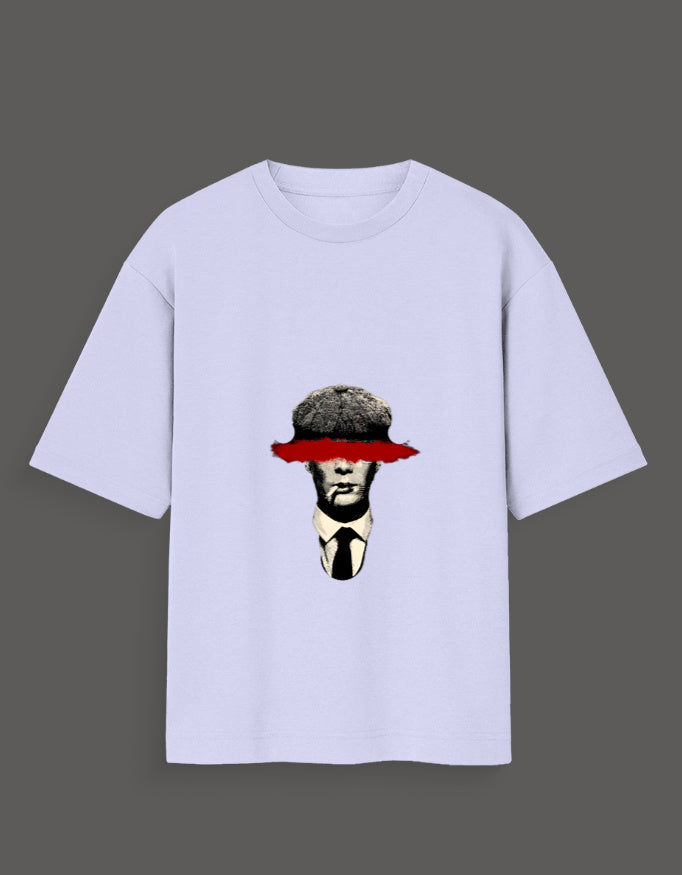 Light purple Thomas Shelby graphic tee featuring black and white portrait with red brushstroke across eyes