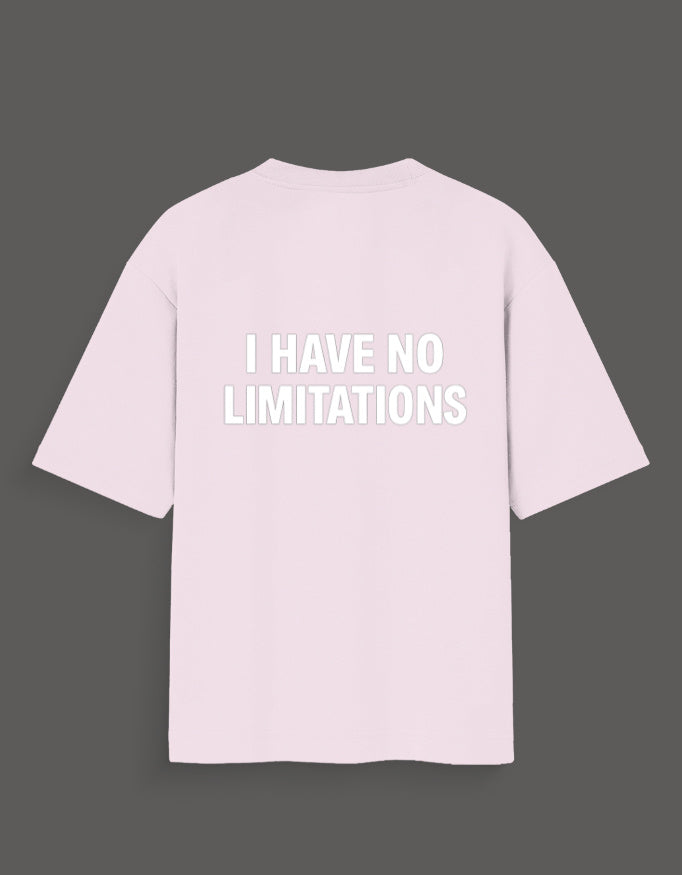 Back view of Thomas Shelby graphic tee in light pink with I HAVE NO LIMITATIONS text