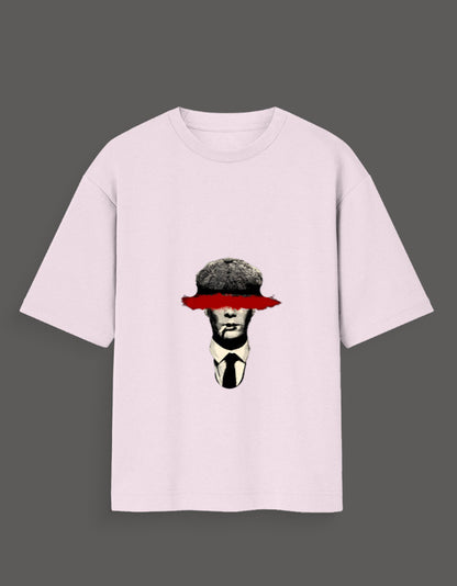 Light pink Thomas Shelby graphic tee featuring a black and white portrait with a red brushstroke over the eyes