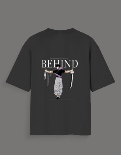 Black Toji Fushiguro oversized tee featuring anime character illustration with swords and behind text