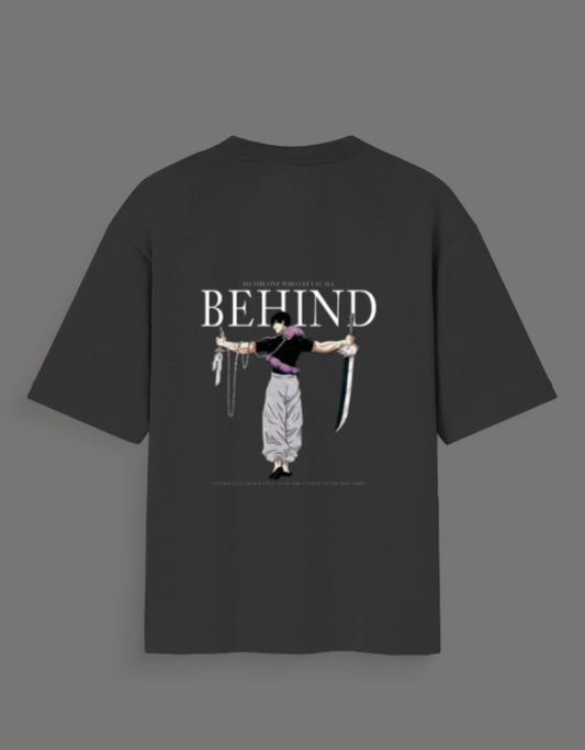 Black Toji Fushiguro oversized tee featuring anime character illustration with swords and behind text