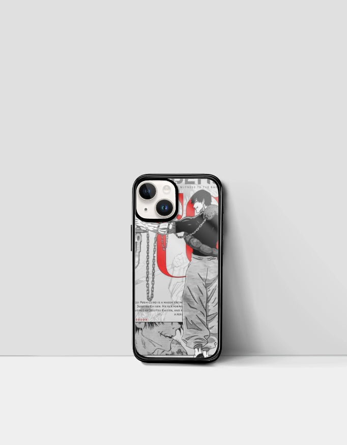 Toji iPhone glass case featuring anime character design with black and white art and red accents