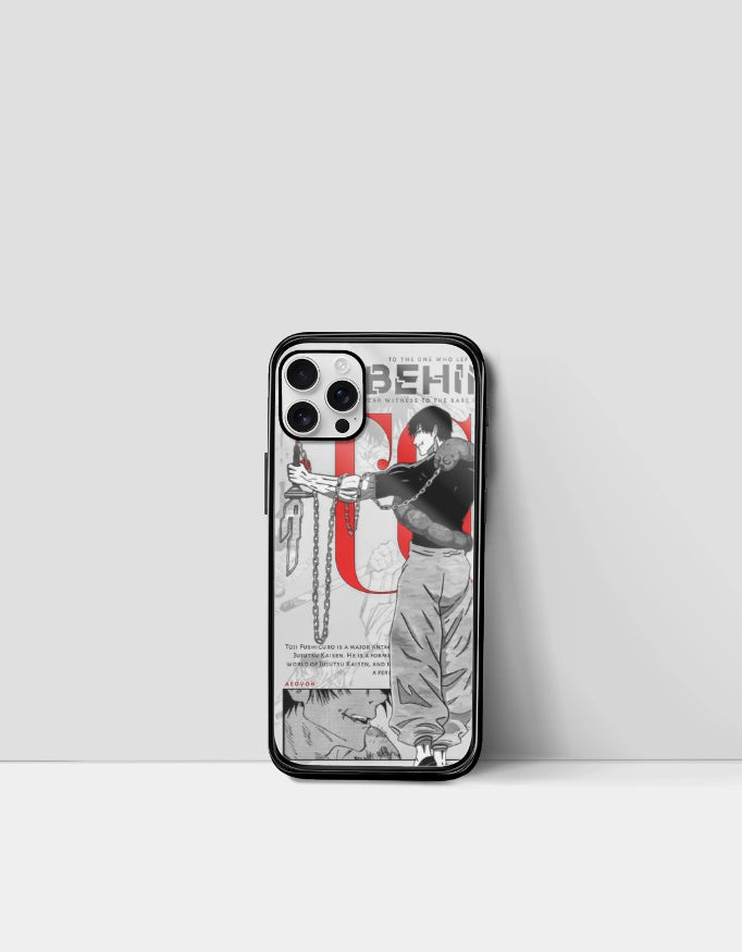Toji iPhone glass case featuring anime character with chains and red graphic design