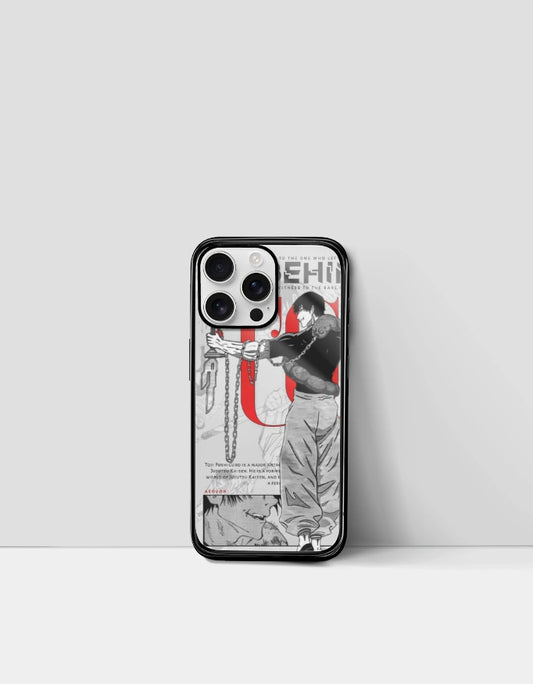 Toji iPhone glass case featuring anime character design with red and black accents from AnimeVerseStore