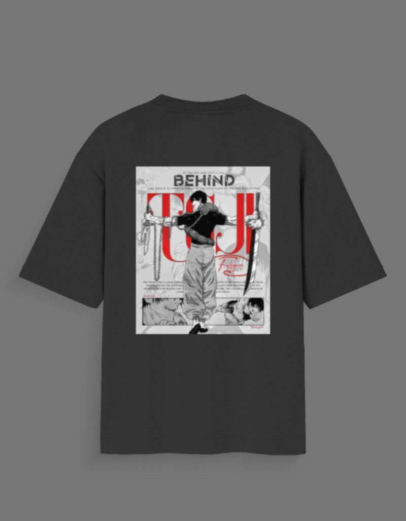 Black Toji oversized anime tee featuring Toji character graphic with red and white design