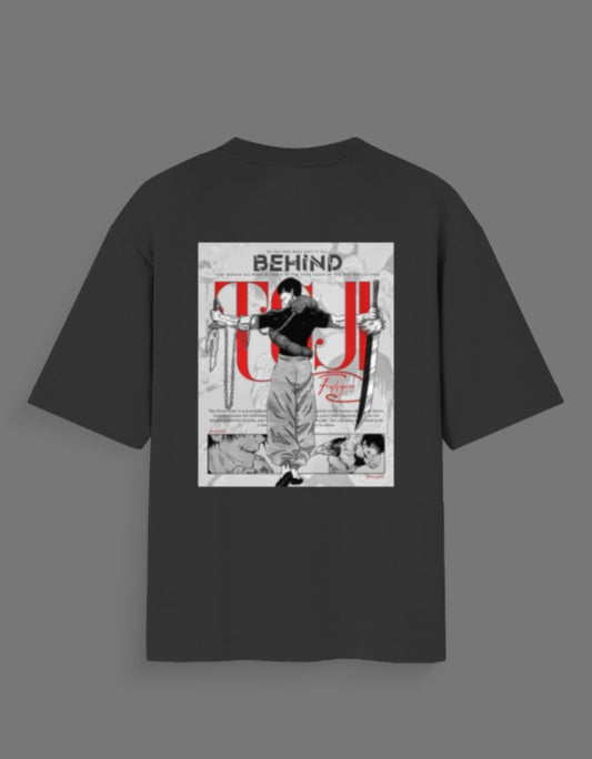 Black Toji oversized anime tee featuring Toji character graphic with red and white design
