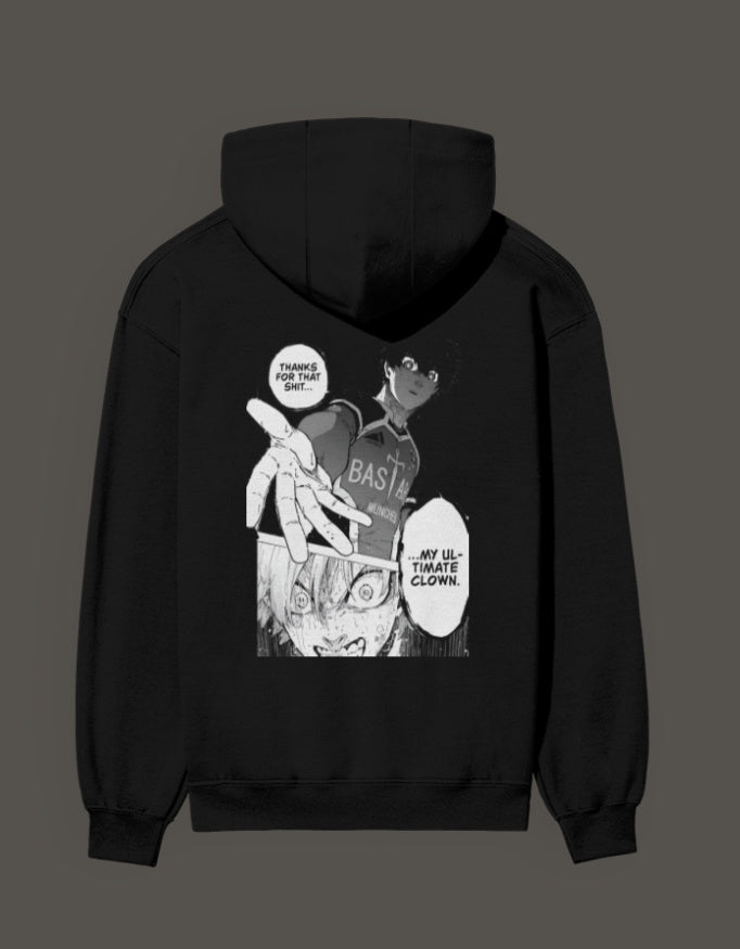 Ultimate clown anime hoodie featuring striking graphic print on a black background